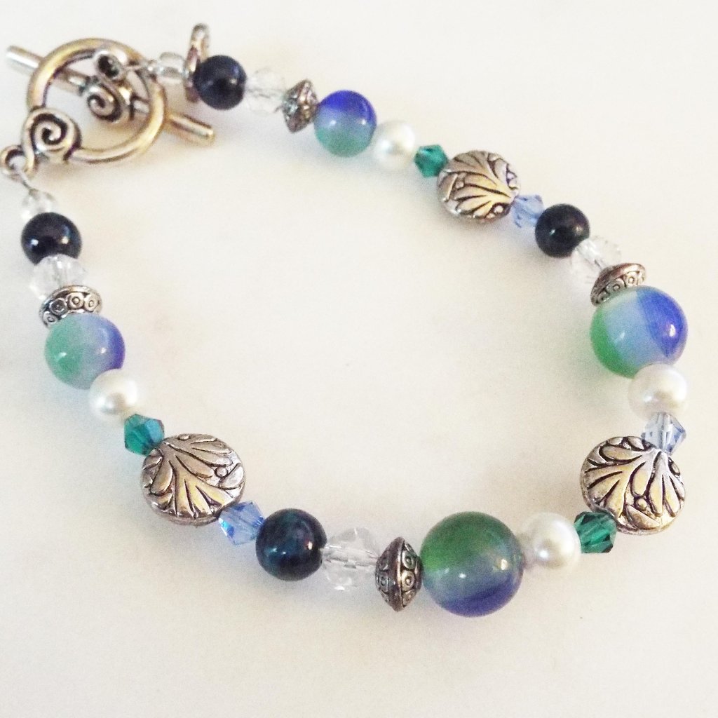 Joy Jewelry Exceptional Gradient Art Glass Beads Silvery Coins Bracelet D